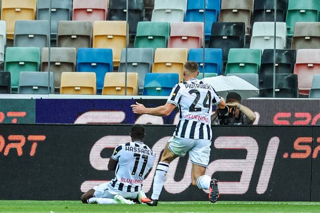 Hassane Kamara of Udinese Calcio celebrates after scoring the goal of 1-0 during the Serie A 2026 2027 football match between Udinese Calcio and Como 1907 at Friuli Bluenergy stadium in Udine (Italy), August 22nd, 2026. CesarexPurini