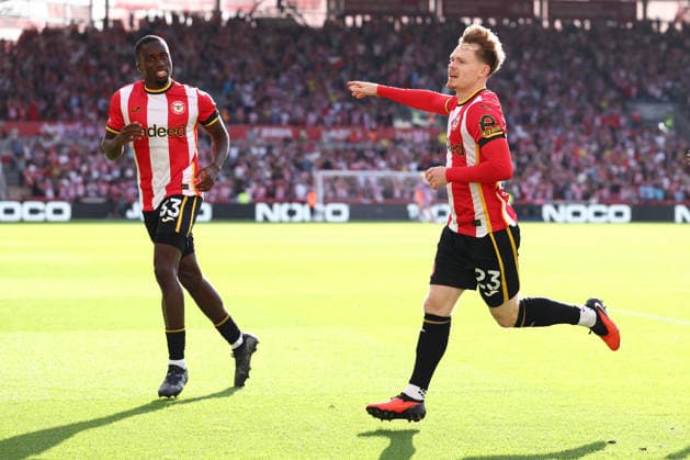 London, England, 22nd August 2026. Keane Lewis-Potter of Brentford celebrates after scoring to make it 1-0 during the Brentford vs Tottenham Hotspur Premier League match at Gtech Community Stadium, London. Picture credit should read: Paul Terry Sportimage EDITORIAL USE ONLY. No use with unauthorised audio, video, data, fixture lists, club league logos or live services. Online in-match use limited to 120 images, no video emulation. No use in betting, games or single club league player publications. SPI_019_PT_Brentford_Tottenham SPI-4927-0019