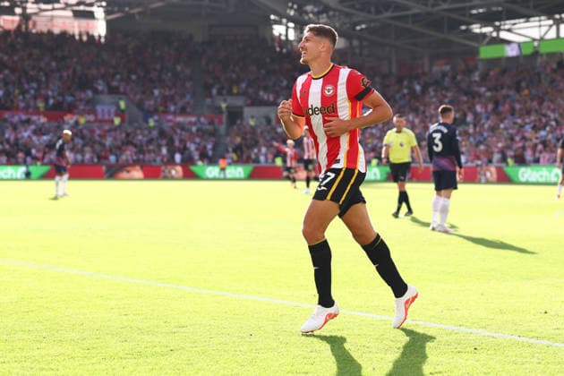 London, England, 22nd August 2026. Vitaly Janelt of Brentford celebrates after scoring to make it 2-0 during the Brentford vs Tottenham Hotspur Premier League match at Gtech Community Stadium, London. Picture credit should read: Paul Terry Sportimage EDITORIAL USE ONLY. No use with unauthorised audio, video, data, fixture lists, club league logos or live services. Online in-match use limited to 120 images, no video emulation. No use in betting, games or single club league player publications. SPI_022_PT_Brentford_Tottenham SPI-4927-0022