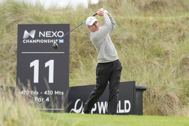 BALMEDIE, SCOTLAND - AUG 22: Euan Walker (ENG) plays from the eleventh tee during Round 3 at the 2026 Nexo Championship at the Trump International Golf Links, Balmedie on August 22, 2026 in Aberdeenshire, Scotland The 2026 Nexo Championship