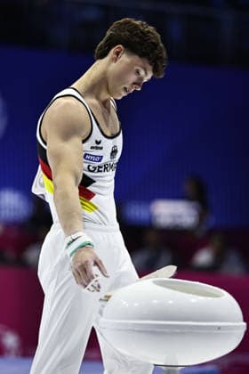 Radomyr Stelmakh, GER, after seniors horizontal bar final at 2026 Europeans in Zagreb; 22 08 2026; *** Radomyr Stelmakh, GER, after the senior horizontal bar final at the 2026 European Championships in Zagreb on August 22, 2026 