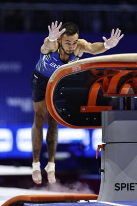 Nazar Chepurniy, UKR, during seniors vault final at 2026 Europeans in Zagreb; 22 08 2026; *** Nazar Chepurniy, Ukraine, during the senior vault final at the 2026 European Championships in Zagreb on August 22, 2026 