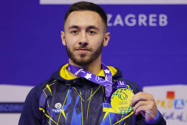 Nazar Chepurniy, UKR, after seniors vault final at 2026 Europeans in Zagreb; 22 08 2026; *** Nazar Chepurniy, UKR, after the senior vault final at the 2026 European Championships in Zagreb on August 22, 2026 