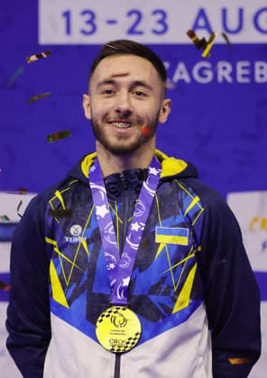 Nazar Chepurniy, UKR, after seniors vault final at 2026 Europeans in Zagreb; 22 08 2026; *** Nazar Chepurniy, UKR, after the senior vault final at the 2026 European Championships in Zagreb on August 22, 2026 