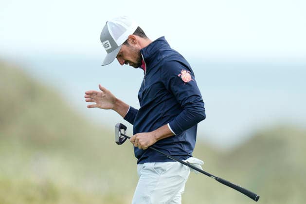 BALMEDIE, SCOTLAND - AUG 22: Quim Vidal (ESP) reacts after missing a putt on the twelfth green during Round 3 at the 2026 Nexo Championship at the Trump International Golf Links, Balmedie on August 22, 2026 in Aberdeenshire, Scotland The 2026 Nexo Championship