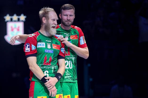 22.08.2026, xgox, Handball, Rexel Supercup 2026, SC Magdeburg - Füchse Berlin, v.l. Matthias Musche (Magdeburg, 6) Philipp Weber (Magdeburg, 20) Jubel ueber den Sieg, Jubel nach Spielende München *** August 22, 2026, xgox, Handball, 2026 Rexel Supercup, SC Magdeburg vs. Füchse Berlin, from left: Matthias Musche (Magdeburg), 6 Philipp Weber (Magdeburg), 20 Celebrating the victory, Celebrations after the game in Munich