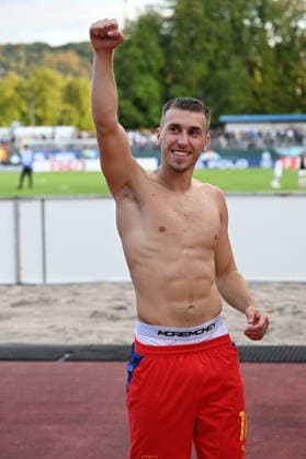 22.08.2026, xjhx, Fussball DFB Pokal 1.Runde, Eintracht Trier - RB Leipzig v.l. Jubel, Freude über den Sieg Brajan Gruda (RB Leipzig) Trier *** August 22, 2026, xjhx, Soccer, DFB Cup First Round, Eintracht Trier vs. RB Leipzig, Jubilation, Joy over the victory, Brajan Gruda, RB Leipzig, Trier