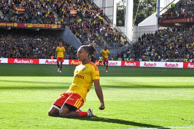 FOOTBALL : RC Lens vs AJ Auxerre - Ligue 1 - JournÃ e 1- 22 08 2026 Joie des joueurs du RC Lens aprÃ s le but de IsmaÃ«lo Ganiou (RC Lens) LensFrance  Copyright: xBaptistexAutissierx