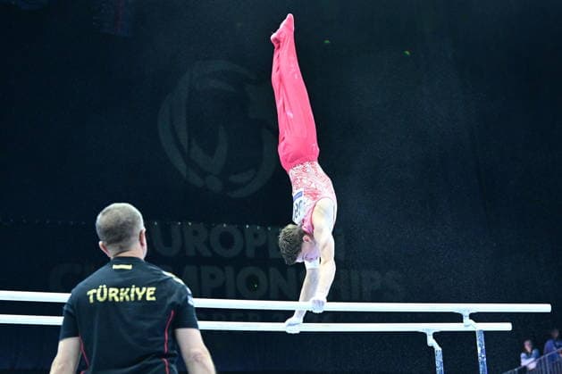 Zagreb, Croatia, 220826. 37th European Men s Artistic Gymnastics Championships, Individual Apparatus Finals at Arena Zagreb. In the photo: Parallel Bars, Atlan Dogan, Turkey. Photo: Ivana Grgic CROPIX Copyright: xxIvanaxGrgicx xCROPIXx disciplina_ruce7-220826
