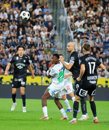 SOCCER - BL, Sturm vs A.Lustenau GRAZ,AUSTRIA,22.AUG.26 - SOCCER - ADMIRAL Bundesliga, SK Sturm Graz vs SC Austria Lustenau. Image shows Albert Vallci (Sturm), Pius Grabher (A.Lustenau), Jon Gorenc-Stankovic (Sturm) and Szymon Wlodarczyk (Sturm).  GEPAxpictures xWolfgangxGrebien