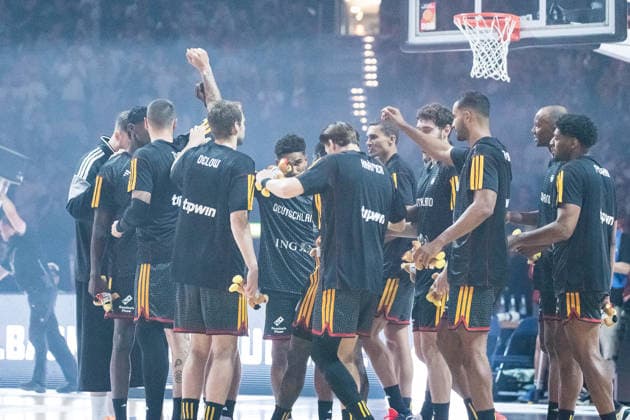 Basketball, Turkish Airlines Supercup 2026, Türkei - Kroatien, Barclays Arena (Hamburg), 22.08.2026, Finale Spielerkreis: Deutsche Mannschaft kommt vor dem Spiel zusammen. *** Basketball, 2026 Turkish Airlines Super Cup, Turkey vs. Croatia, Barclays Arena, Hamburg, August 22, 2026, Final: The German team gathers before the game