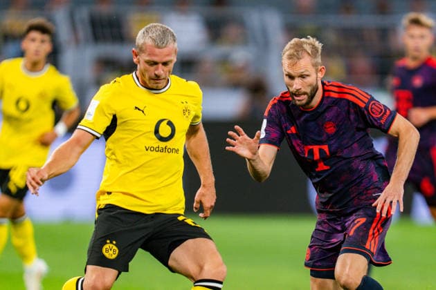 Supercup, Deutschland, Borussia Dortmund vs. FC Bayern München, 22.08.2026 im Signal Iduna Park Julian Ryerson Konrad Laimer *** Super Cup, Germany, Borussia Dortmund vs. FC Bayern Munich, August 22, 2026, at Signal Iduna Park; Julian Ryerson, Konrad Laimer Copyright: xBahhoxKarax