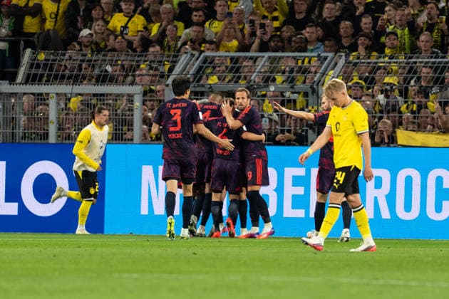 22.08.2026, GER Deutschland, Fussball, Saison 2026 2027, Franz Beckenbauer Supercup - Borussia Dortmund vs FC Bayern München Muenchen Torjubel Jubel ueber das Tor zum 0:1 durch Nathaniel Brown (FC Bayern München Muenchen, 11) Aleksandar PavloviÄ‡ Pavlovic (FC Bayern München Muenchen, 45) Harry Kane (FC Bayern München Muenchen, 9) Kim Min-Jae (FC Bayern München Muenchen, 3) Dortmund Signal Iduna Park Nordrhein-Westfalen (NRW) Deutschland *** August 22, 2026, GER Germany, Soccer, 2026–2027 Season, Franz Beckenbauer Super Cup: Borussia Dortmund vs. FC Bayern Munich, goal celebration: Cheers following Nathaniel Brown’s goal to make it 0–1 for FC Bayern Munich, 11 Aleksandar Pavlovic Pavlovic, FC Bayern Munich, 45 Harry Kane, FC Bayern Munich, 9 Kim Min-jae, FC Bayern Munich, 3 Dortmund, Signal Iduna Park, North Rhine-Westphalia (NRW), Germany Copyright: xnordphotoxGmbHx xChristianxSchulzex