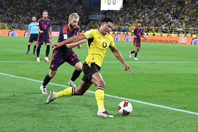 22.08.2026, xsltx, Fussball Franz Beckenbauer Supercup 2026, Borussia Dortmund - FC Bayern München v.l. Konrad Laimer (FC Bayern Muenchen) Jobe Bellingham (Borussia Dortmund) Zweikampf, Aktion, action, battle for the ball (DFL DFB REGULATIONS PROHIBIT ANY USE OF PHOTOGRAPHS as IMAGE SEQUENCES and or QUASI-VIDEO) Dortmund *** August 22, 2026, xsltx, Soccer Franz Beckenbauer Super Cup 2026, Borussia Dortmund vs. FC Bayern Munich, Konrad Laimer (FC Bayern Munich) vs. Jobe Bellingham (Borussia Dortmund), tackle, action, battle for the ball. DFL and DFB regulations prohibit any use of photographs as image sequences and or quasi-video. Dortmund