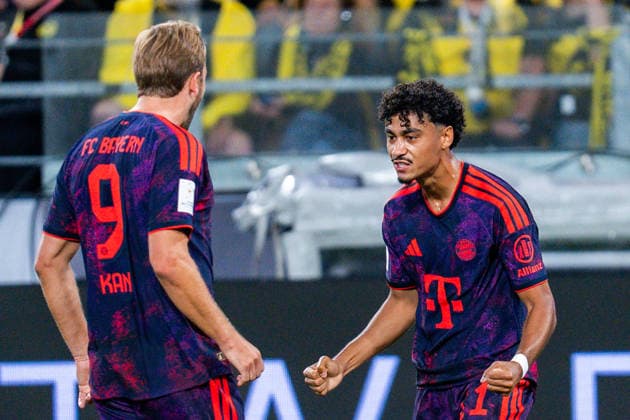 Supercup, Deutschland, Borussia Dortmund vs. FC Bayern München, 22.08.2026 im Signal Iduna Park Tor und Jubel zum 0:1 durch Nathaniel Brown mit Harry Kane und Joshua Kimmich *** Super Cup, Germany, Borussia Dortmund vs. FC Bayern Munich, August 22, 2026, at Signal Iduna Park: Goal and celebration following the 0-1 score by Nathaniel Brown, with Harry Kane and Joshua Kimmich Copyright: xBahhoxKarax