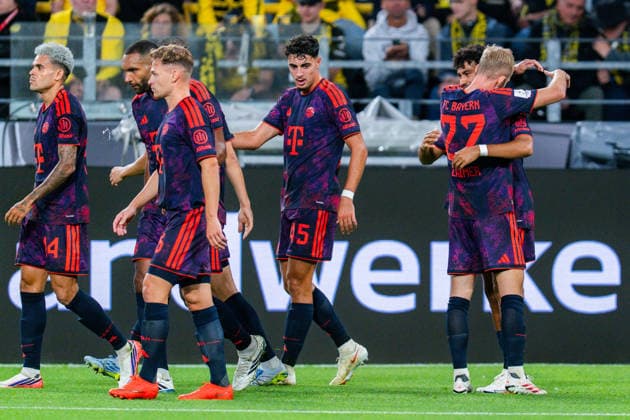 Supercup, Deutschland, Borussia Dortmund vs. FC Bayern München, 22.08.2026 im Signal Iduna Park Tor und Jubel zum 0:1 durch Nathaniel Brown mit Harry Kane und Joshua Kimmich Konrad Laimer *** Super Cup, Germany, Borussia Dortmund vs. FC Bayern Munich, August 22, 2026, at Signal Iduna Park: Goal and celebration for the 0-1 score by Nathaniel Brown, with Harry Kane, Joshua Kimmich, and Konrad Laimer Copyright: xBahhoxKarax
