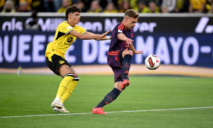 Fussball Supercup Saison 2026 2027 22.08.2026 Borussia Dortmund - FC Bayern Muenchen Samuele Inacio (li, Borussia Dortmund) gegen Joshua Kimmich (re, FC Bayern Muenchen) *** Soccer Super Cup, 2026–2027 Season, August 22, 2026: Borussia Dortmund vs. FC Bayern Munich—Samuele Inacio (left), Borussia Dortmund, vs. Joshua Kimmich (right), FC Bayern Munich