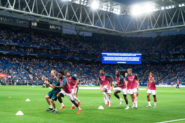 Spanish LaLiga EA Sports RCD Espanyol v Real Madrid CF in Cornella, Spain. Real Madrid players warming up during LaLiga EA Sports match between RCD Espanyol and Real Madrid CF in RCDE Stadium, Cornella, Spain, on August 22, 2026. Cornella RCDE Stadium Barcelona Spain