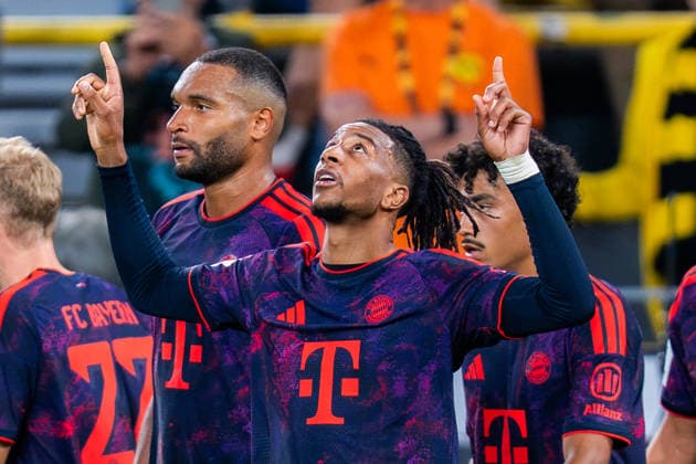 Supercup, Deutschland, Borussia Dortmund vs. FC Bayern München, 22.08.2026 im Signal Iduna Park Tor und Jubel zum 0:2 durch Michael Olise Jubel mit Harry Kane Joshua Kimmich Jonathan Tah Nathaniel Brown Aleksandar Pavlovic *** Super Cup, Germany, Borussia Dortmund vs. FC Bayern Munich, August 22, 2026, at Signal Iduna Park: Goal and celebration following Michael Olise s 0-2 goal; celebration with Harry Kane, Joshua Kimmich, Jonathan Tah, Nathaniel Brown, and Aleksandar Pavlovic Copyright: xBahhoxKarax