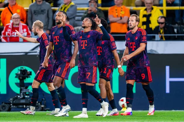 Supercup, Deutschland, Borussia Dortmund vs. FC Bayern München, 22.08.2026 im Signal Iduna Park Tor und Jubel zum 0:2 durch Michael Olise Jubel mit Harry Kane Joshua Kimmich Jonathan Tah Nathaniel Brown Aleksandar Pavlovic *** Super Cup, Germany, Borussia Dortmund vs. FC Bayern Munich, August 22, 2026, at Signal Iduna Park: Goal and celebration following Michael Olise s 0-2 goal; celebration with Harry Kane, Joshua Kimmich, Jonathan Tah, Nathaniel Brown, and Aleksandar Pavlovic Copyright: xBahhoxKarax
