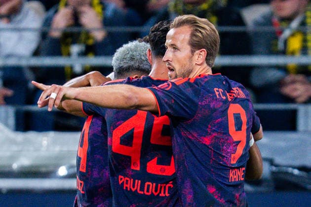 Supercup, Deutschland, Borussia Dortmund vs. FC Bayern München, 22.08.2026 im Signal Iduna Park Tor und Jubel zum 0:1 durch Nathaniel Brown mit Harry Kane und Joshua Kimmich *** Super Cup, Germany, Borussia Dortmund vs. FC Bayern Munich, August 22, 2026, at Signal Iduna Park: Goal and celebration for the 0–1 score by Nathaniel Brown, with Harry Kane and Joshua Kimmich Copyright: xBahhoxKarax
