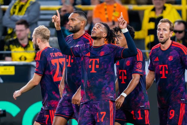 Supercup, Deutschland, Borussia Dortmund vs. FC Bayern München, 22.08.2026 im Signal Iduna Park Tor und Jubel zum 0:2 durch Michael Olise Jubel mit Harry Kane Joshua Kimmich Jonathan Tah Nathaniel Brown Aleksandar Pavlovic *** Super Cup, Germany, Borussia Dortmund vs. FC Bayern Munich, August 22, 2026, at Signal Iduna Park: Goal and celebration after Michael Olise s 0–2 goal; celebration with Harry Kane, Joshua Kimmich, Jonathan Tah, Nathaniel Brown, and Aleksandar Pavlovic Copyright: xBahhoxKarax