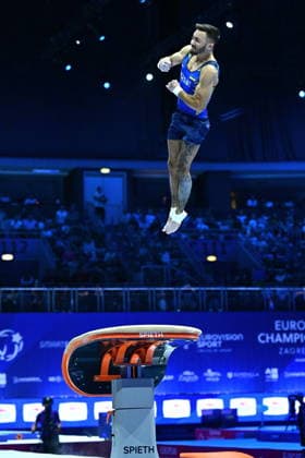 Zagreb, Croatia, 220826. 37th European Men s Artistic Gymnastics Championships, Individual Apparatus Finals at Arena Zagreb. Vault, Nazar Chepurnyi, Ukraine. Photo: Ivana Grgic CROPIX Zagreb Croatia Copyright: xxIvanaxGrgicx disciplina_preskok1-220826