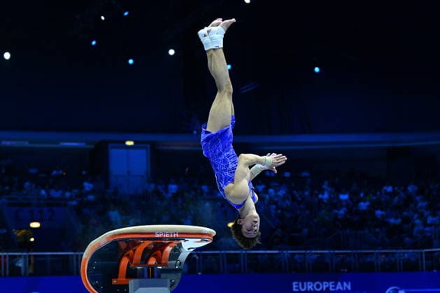 Zagreb, Croatia, 220826. 37th European Men s Artistic Gymnastics Championships, Individual Apparatus Finals at Arena Zagreb. Vault, Arsenii Dukhno. Photo: Ivana Grgic CROPIX Zagreb Croatia Copyright: xxIvanaxGrgicx disciplina_preskok29-220826