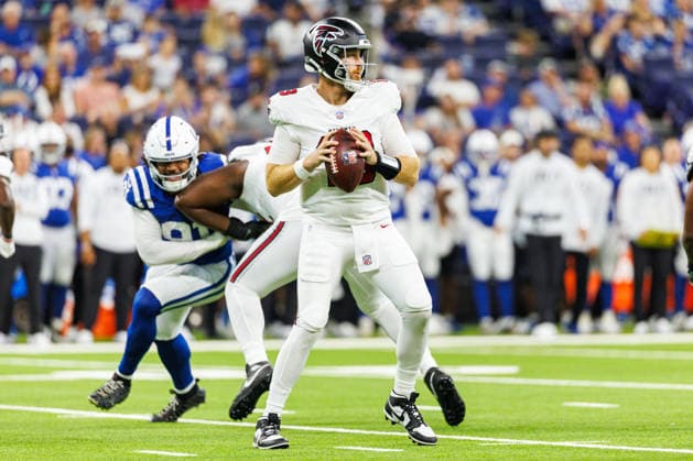 Aug 22, 2026; Indianapolis, Indiana, USA; Atlanta Falcons quarterback Cooper Rush (13) passes the ball during NFL, American Football Herren, USA preseason game action against the Indianapolis Colts at Lucas Oil Stadium. Mandatory Credit: -Cal Media NFL 2026: Falcons Vs Colts AUG 22  - ZUMAc04_ 20260822_zma_c04_002 Copyright: xJohnxMersitsx