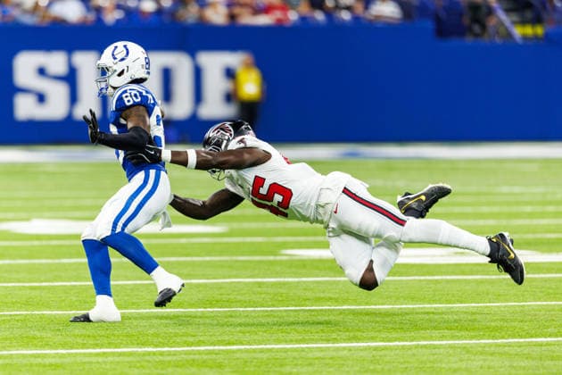 Aug 22, 2026; Indianapolis, Indiana, USA; Indianapolis Colts wide receiver Deion Burks (80) runs with the ball as Atlanta Falcons linebacker Christian Harris (45) attempts to make diving tackle during NFL, American Football Herren, USA preseason game action at Lucas Oil Stadium. Mandatory Credit: -Cal Media NFL 2026: Falcons Vs Colts AUG 22  - ZUMAc04_ 20260822_zma_c04_009 Copyright: xJohnxMersitsx
