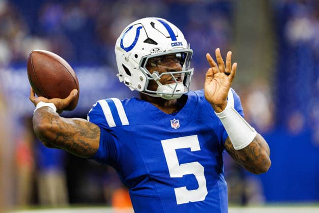 Aug 22, 2026; Indianapolis, Indiana, USA; Indianapolis Colts quarterback Anthony Richardson (5) passes the ball during NFL, American Football Herren, USA game action against the Atlanta Falcons at Lucas Oil Stadium. Mandatory Credit: -Cal Media Indianapolis USA - ZUMAc04_ 20260822_zma_c04_019 Copyright: xJohnxMersitsx