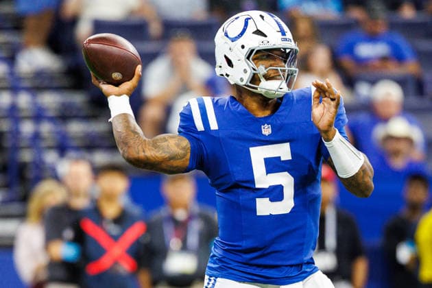 Aug 22, 2026; Indianapolis, Indiana, USA; Indianapolis Colts quarterback Anthony Richardson (5) passes the ball during NFL, American Football Herren, USA game action against the Atlanta Falcons at Lucas Oil Stadium. Mandatory Credit: -Cal Media NFL 2026: Falcons Vs Colts AUG 22  - ZUMAc04_ 20260822_zma_c04_018 Copyright: xJohnxMersitsx