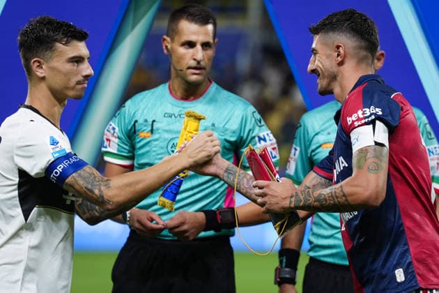A detail of patch stopiracy of Parma™s Enrico Delprato and Cagliari™s Alessandro Deiola during the Serie A soccer match between Parma and Cagliari at Ennio Tardini Stadium in Parma, North Italy, Saturday, August 22, 2026. Soccer  Copyright: xMassimoxPaolone LaPressex