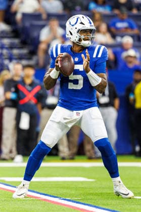 Aug 22, 2026; Indianapolis, Indiana, USA; Indianapolis Colts quarterback Anthony Richardson (5) sets in the pocket during NFL, American Football Herren, USA game action against the Atlanta Falcons at Lucas Oil Stadium. Mandatory Credit: -Cal Media NFL 2026: Falcons Vs Colts AUG 22  - ZUMAc04_ 20260822_zma_c04_022 Copyright: xJohnxMersitsx