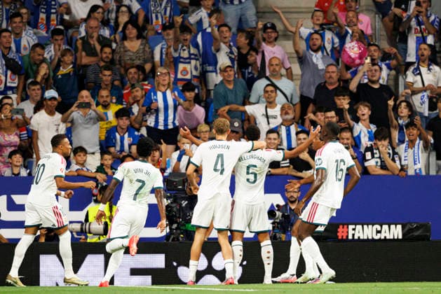 Players of Real Madrid seen celebrating after goal from Jude Bellingham during LaLiga EASPORTS 2026 2027 game between teams of RCD Espanyol de Barcelona and Real Madrid FC at RCDE Stadium (Maciej Rogowski Ball Raw Images) Barcelona RCDE Stadium Spain Copyright: xMaciejxRogowskix maciejrogowski_espanyol_realm_2627-3