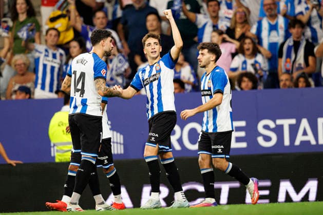 Alex Calatrava seen celebrating after scoring goal during LaLiga EASPORTS 2026 2027 game between teams of RCD Espanyol de Barcelona and Real Madrid FC at RCDE Stadium (Maciej Rogowski Ball Raw Images) Barcelona RCDE Stadium Spain Copyright: xMaciejxRogowskix maciejrogowski_espanyol_realm_2627-9
