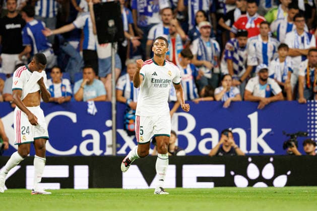 Jude Bellingham seen celebrating after scoring goal during LaLiga EASPORTS 2026 2027 game between teams of RCD Espanyol de Barcelona and Real Madrid FC at RCDE Stadium (Maciej Rogowski Ball Raw Images) Barcelona RCDE Stadium Spain Copyright: xMaciejxRogowskix maciejrogowski_espanyol_realm_2627-4