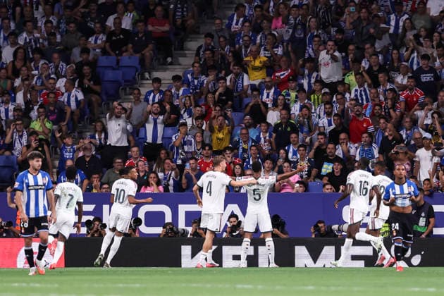 August 22, 2026, Cornella, Barcelona, SPAIN: Jude Bellingham of Real Madrid CF celebrates a goal during the Spanish league, LaLiga EA Sports, football match played between RCD Espanyol and Real Madrid CF at RCDE Stadium on August 22, 2026 in Cornella, Spain. Cornella SPAIN - ZUMAa181 20260822_zaa_a181_239 Copyright: xJavierxBorregox