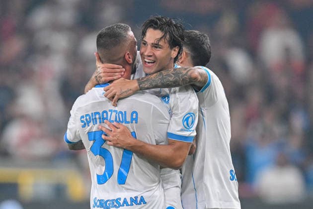 Napoli™s Antonio Vergara celebrates after scoring a goal for his team during the Serie A soccer match between Genoa and Napoli at the Luigi Ferraris Stadium in Genoa, Italy - Saturday, August 22, 2026. - Soccer .  Copyright: xTanoxPecoraro LaPressex