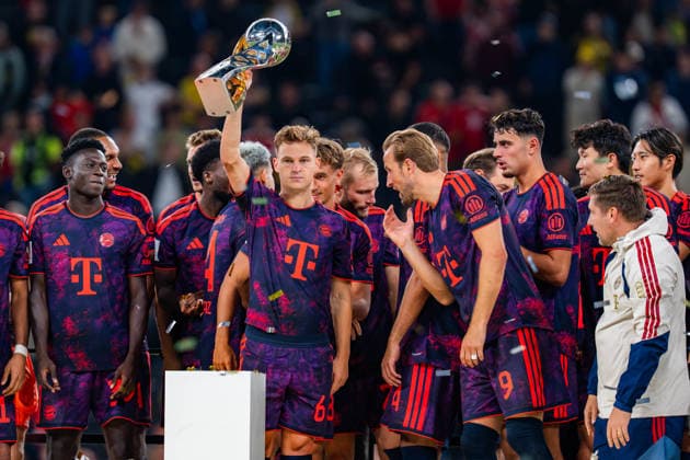 Supercup, Deutschland, Borussia Dortmund vs. FC Bayern München, 22.08.2026 im Signal Iduna Park Siegerehrung FC Bayern München Sieger Manuel Neuer Joshua Kimmich Saibari Harry Kane Nathaniel Brown Jonathan Tah Tom Bischof Michael Olise Arijon Ibrahimovic Maycon Cardozo *** Super Cup, Germany, Borussia Dortmund vs. FC Bayern Munich, August 22, 2026, at Signal Iduna Park. Award ceremony: FC Bayern Munich winners—Manuel Neuer, Joshua Kimmich, Saibari, Harry Kane, Nathaniel Brown, Jonathan Tah, Tom Bischof, Michael Olise, Arijon Ibrahimovic, Maycon Cardozo Copyright: xBahhoxKarax