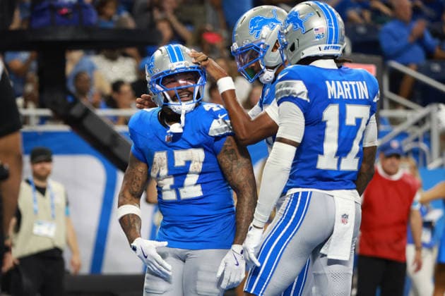 Washington Commanders vs Detroit Lions DETROIT,MICHIGAN-AUGUST 22: Running back Trayveon Williams 47 of the Detroit Lions celebrates with teammates after scoring a touchdown during the first half of an NFL, American Football Herren, USA preseason football game between the Washington Commanders and the Detroit Lions in Detroit, Michigan USA, on Saturday, August 22, 2026 Detroit Michigan United States  Copyright: xJorgexLemusx originalFilename:lemus-washingt260822_nphJo.jpg