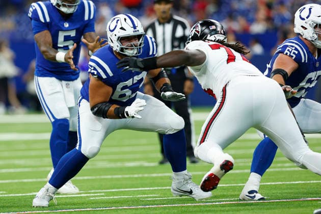 INDIANAPOLIS, IN - AUGUST 22: Indianapolis Colts offensive tackle Luke Tenuta (67) in action during a pre season game between the Atlanta Falcons and the Indianapolis Colts on August 22, 2026 at Lucas Oil Stadium in Indianapolis, IN. (Photo by Jeffrey Brown Icon Sportswire) NFL, American Football Herren, USA AUG 22 Falcons at Colts EDITORIAL USE ONLY Icon082226030