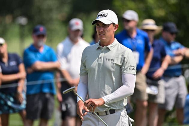 ST. LOUIS, MO - AUGUST 22: Maverick McNealy of the United States on the first green during the third round of the PGA, Golf Herren BMW Championship ship on Saturday August 22nd, 2026 at Bellerive Country Club in Town and Country, MO (Photo by Rick Ulreich Icon Sportswire) GOLF: AUG 22 PGA BMW Championship EDITORIAL USE ONLY Icon2608226214339