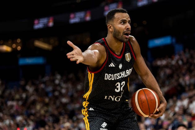 HAMBURG, GERMANY - AUGUST 22: Johannes Thiemann (Germany, 32) arguing with the referee during the Turkish Airlines Basketball Supercup final match between Germany vs. Croatia at Barclays Arena on August 22, 2026 in Hamburg, Germany. Hamburg Germany Copyright: xSteffiexWunderlx