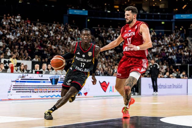 HAMBURG, GERMANY - AUGUST 22: Dennis Schroeder (Schröder, Schroder, Germany, 17) controls the ball against Karlo Matkovic (Croatia, 17) during the Turkish Airlines Basketball Supercup final match between Germany vs. Croatia at Barclays Arena on August 22, 2026 in Hamburg, Germany. Hamburg Germany Copyright: xSteffiexWunderlx