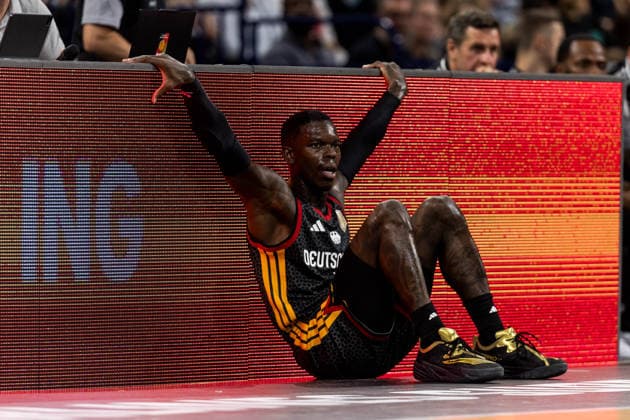 HAMBURG, GERMANY - AUGUST 22: Dennis Schroeder (Schröder, Schroder, Germany, 17) sitting on the sideline exhausted during the Turkish Airlines Basketball Supercup final match between Germany vs. Croatia at Barclays Arena on August 22, 2026 in Hamburg, Germany. Hamburg Germany Copyright: xSteffiexWunderlx