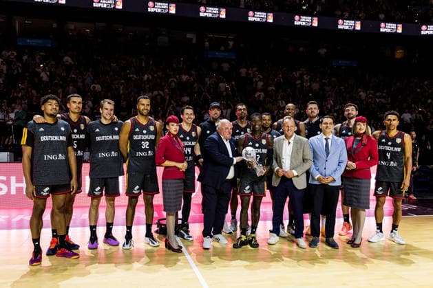 HAMBURG, GERMANY - AUGUST 22: Germany being awarded the trophy after winning the Turkish Airlines Basketball Supercup final match between Germany vs. Croatia at Barclays Arena on August 22, 2026 in Hamburg, Germany. Hamburg Germany Copyright: xSteffiexWunderlx