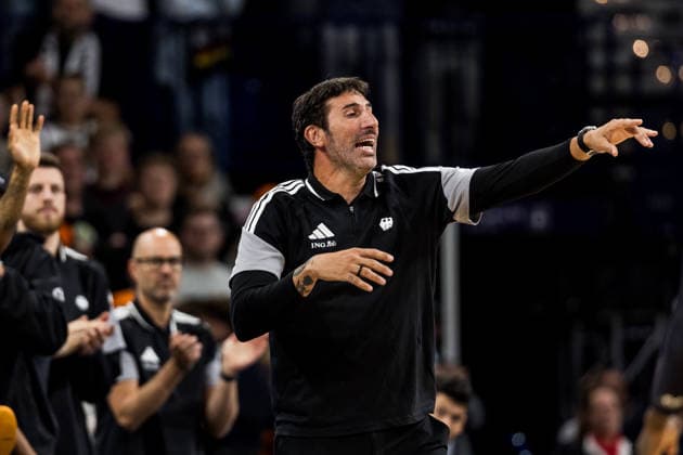 HAMBURG, GERMANY - AUGUST 22: Alex Mumbru (Head Coach Germany) gestures during the Turkish Airlines Basketball Supercup final match between Germany vs. Croatia at Barclays Arena on August 22, 2026 in Hamburg, Germany. Hamburg Germany Copyright: xSteffiexWunderlx