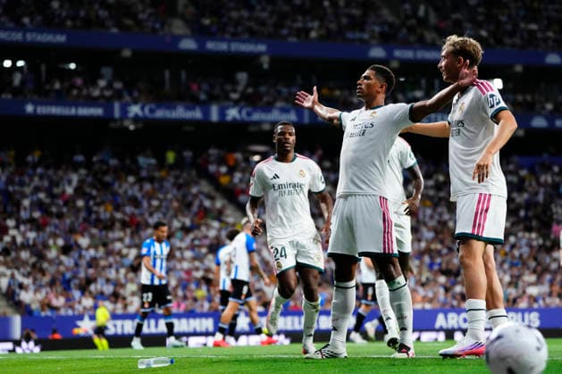 RCD Espanyol de Barcelona v Real Madrid - LaLiga EA Sports 2026 27 BARCELONA, SPAIN - AUGUST 22: Jude Bellingham attacking midfield of Real Madrid and England celebrates after scoring his sides first goal during the La Liga EA Sports 2026 27 match between RCD Espanyol de Barcelona and Real Madrid at RCDE Stadium on August 22, 2026 in Barcelona, Spain. Barcelona Spain  Copyright: xJosexBretonx originalFilename:bretonhernandez-rcdespan260822_npKqM.jpg