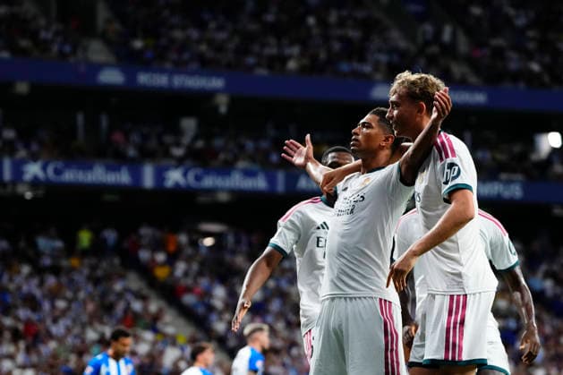 RCD Espanyol de Barcelona v Real Madrid - LaLiga EA Sports 2026 27 BARCELONA, SPAIN - AUGUST 22: Jude Bellingham attacking midfield of Real Madrid and England celebrates after scoring his sides first goal during the La Liga EA Sports 2026 27 match between RCD Espanyol de Barcelona and Real Madrid at RCDE Stadium on August 22, 2026 in Barcelona, Spain. Barcelona Spain  Copyright: xJosexBretonx originalFilename:bretonhernandez-rcdespan260822_npoAP.jpg